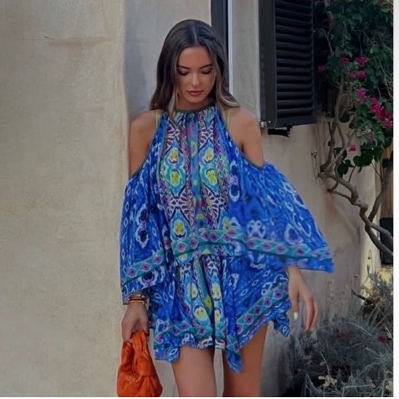 💙 ZARA BOHO BLUE MULTI ABSTRACT COLD SHOULDER LOOSE FIT CROPPED TOP! - Picture 7 of 16